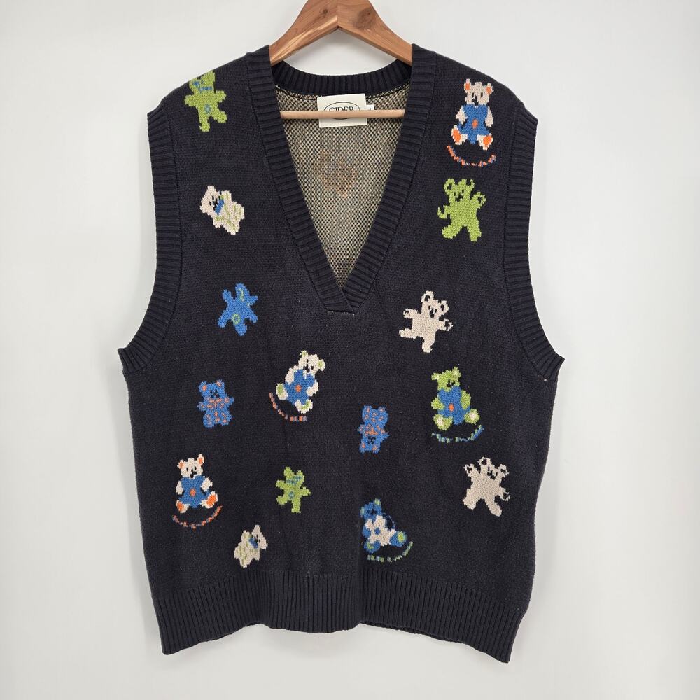 Cider Women’s Wool Bear Sweater Vest Whimsical Knit Cottagecore Cute Size L
